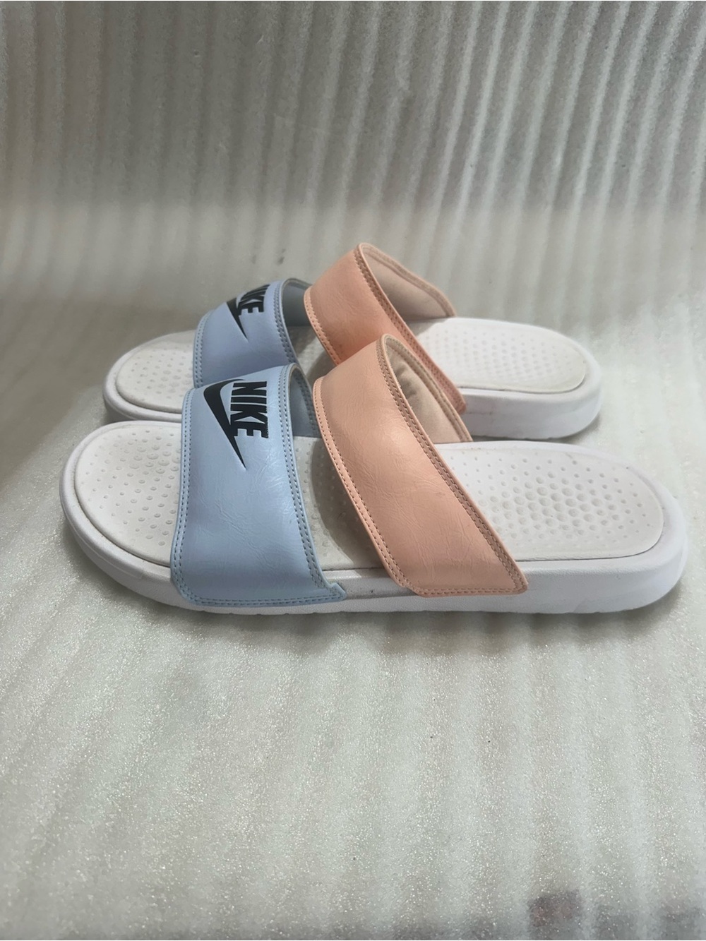 Nike Women’s Dual-Strap Slide Sandals in Light Blue and Peach